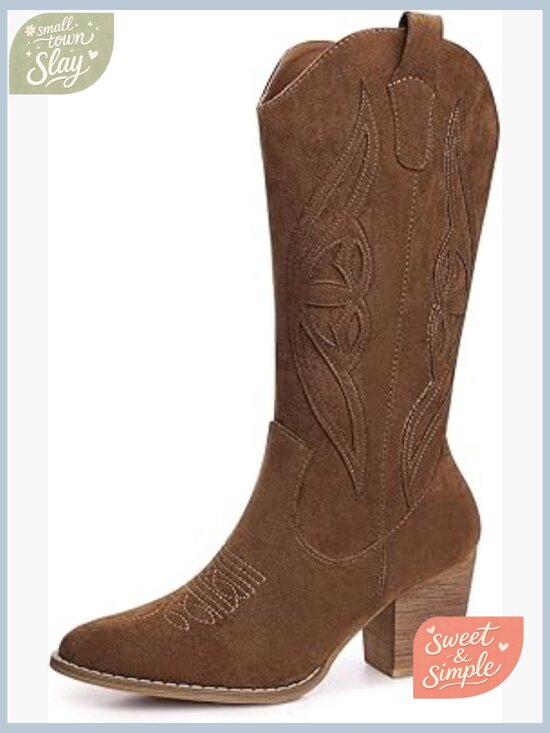 Shoes - Women's Mid Calf Embroidered Cowboy Booties Pointed Toe Zip